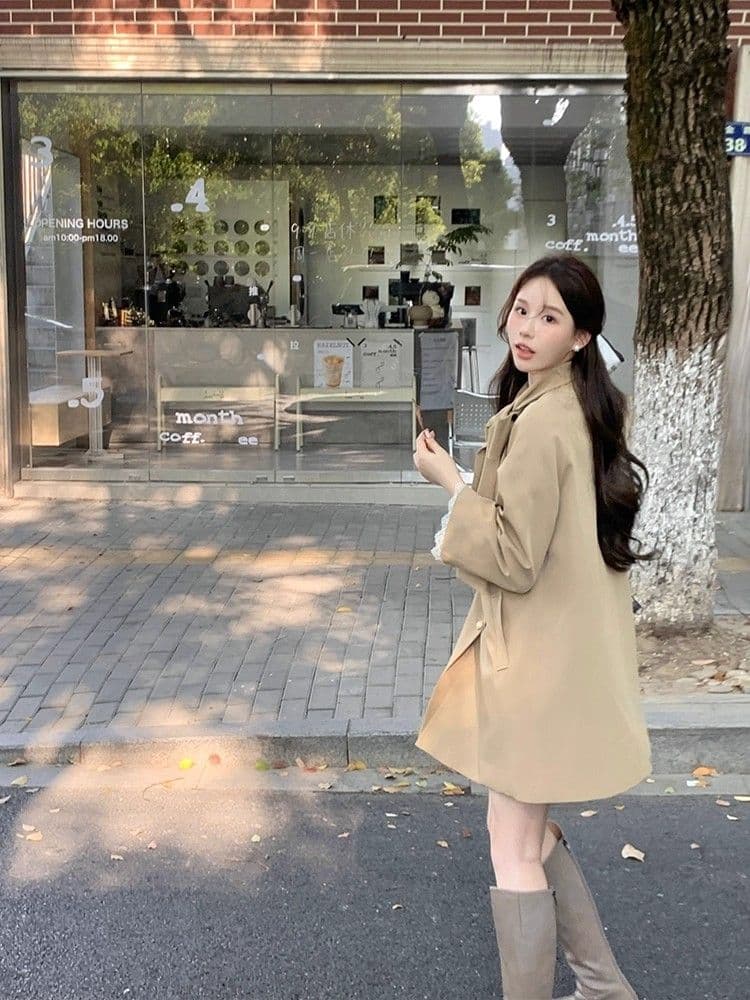 품질 달콤함 프랑스식 천 금빛 바람 나비 매듭 재킷 재킷 이른 가을 작은 키 루즈핏 중간 길이 코트 상세 이미지 6