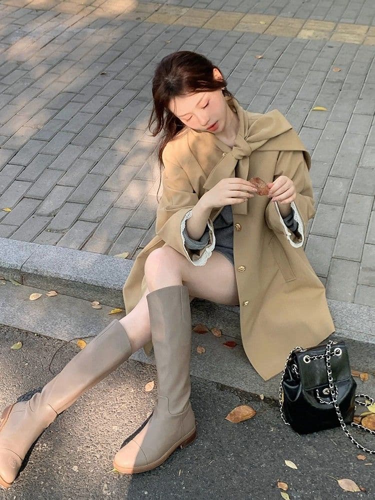 품질 달콤함 프랑스식 천 금빛 바람 나비 매듭 재킷 재킷 이른 가을 작은 키 루즈핏 중간 길이 코트 상세 이미지 7