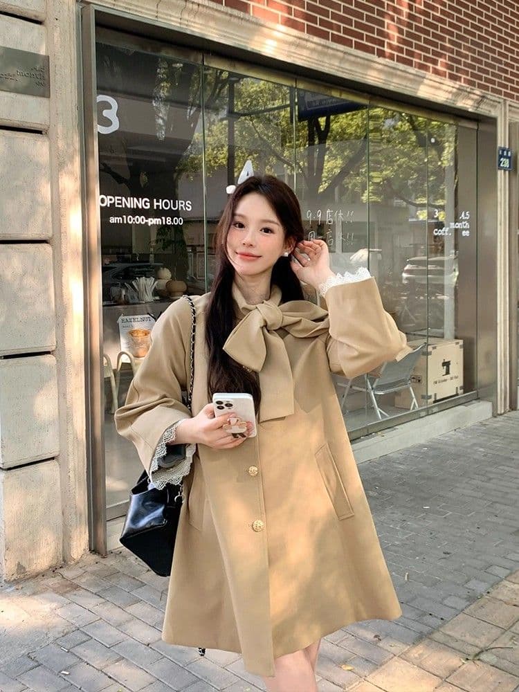 품질 달콤함 프랑스식 천 금빛 바람 나비 매듭 재킷 재킷 이른 가을 작은 키 루즈핏 중간 길이 코트 상세 이미지 8