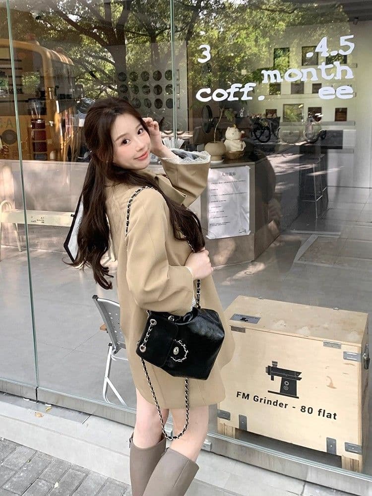 품질 달콤함 프랑스식 천 금빛 바람 나비 매듭 재킷 재킷 이른 가을 작은 키 루즈핏 중간 길이 코트 상세 이미지 9