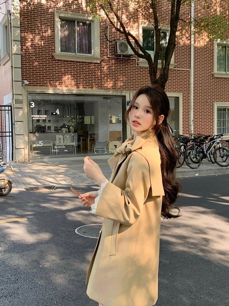 품질 달콤함 프랑스식 천 금빛 바람 나비 매듭 재킷 재킷 이른 가을 작은 키 루즈핏 중간 길이 코트 상세 이미지 10