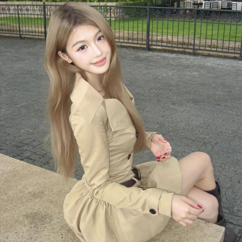 벨트 가을 겨울 새로운 아메리칸 레트로 허리 수축 바람막이 핫걸 아름다움 라드. 워크웨어 드레스 이미지 4