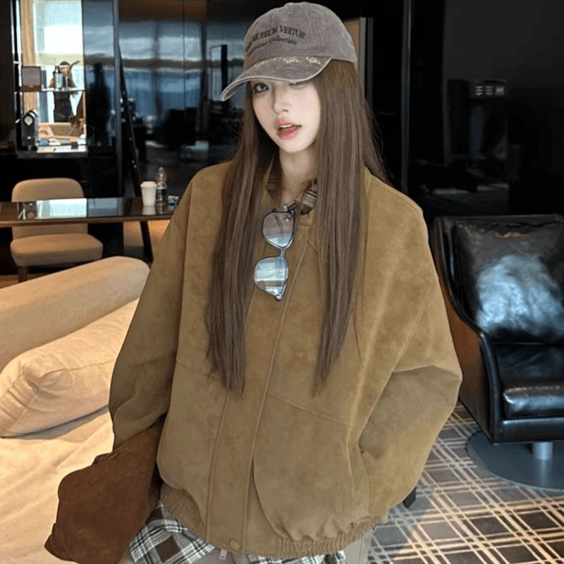 2026 아메리칸 레트로 스웨이드 원단 폴로 칼라 캐주얼 재킷 맨위 아름다움 라드. 루즈핏 브라운 재킷 여성