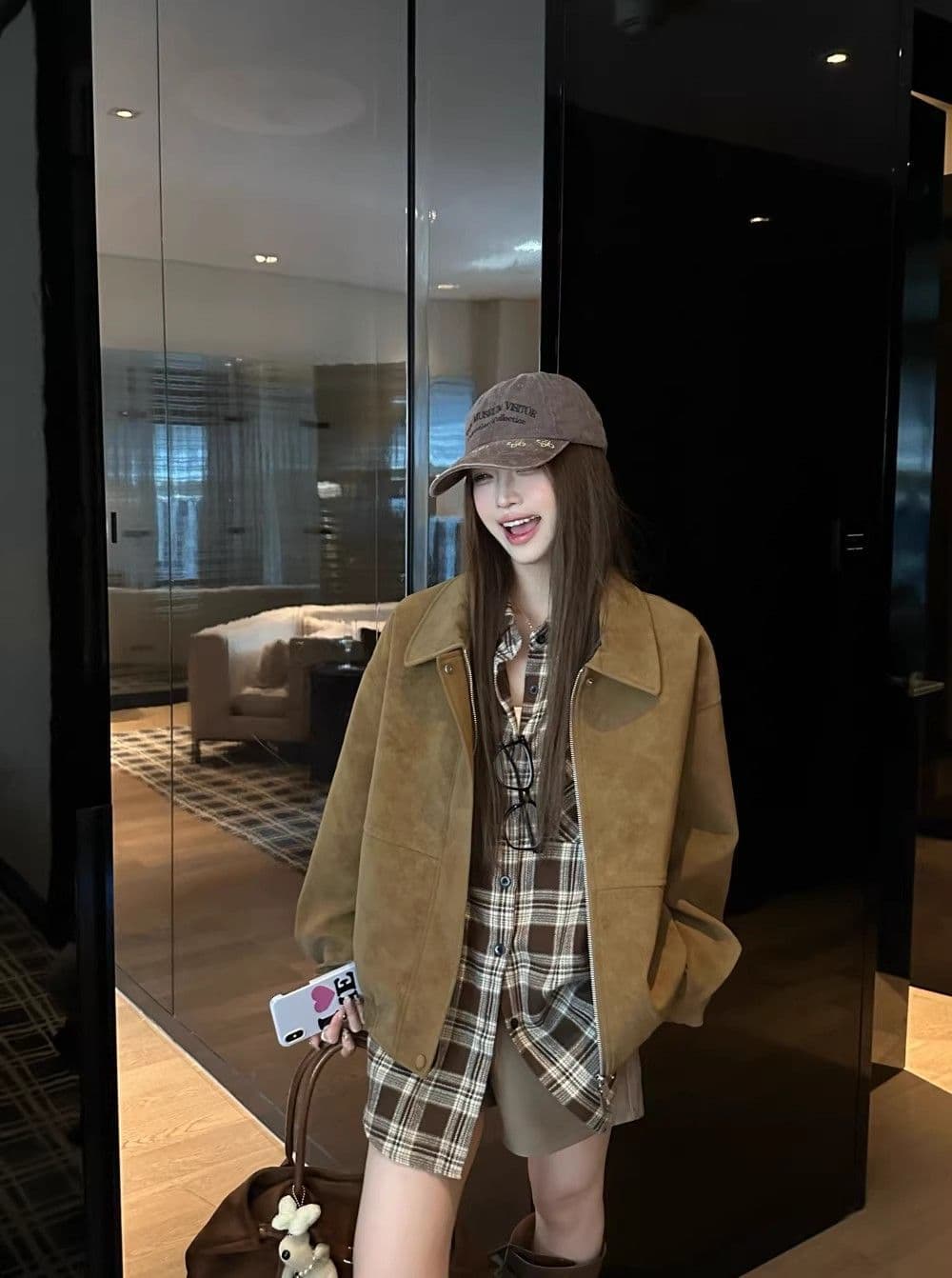 2026 아메리칸 레트로 스웨이드 원단 폴로 칼라 캐주얼 재킷 맨위 아름다움 라드. 루즈핏 브라운 재킷 여성 상세 이미지 8