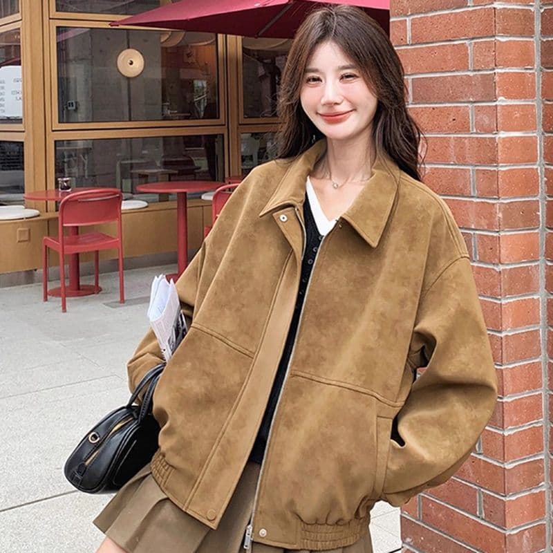 새로운 레트로 스웨이드 원단 여성 코트 가을 겨울철 루즈핏 폴로 칼라 캐주얼 오토바이 재킷 맨위