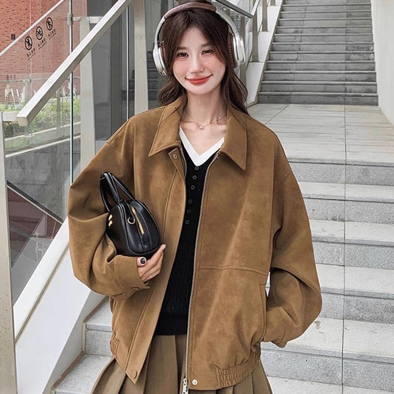 새로운 레트로 스웨이드 원단 여성 코트 가을 겨울철 루즈핏 폴로 칼라 캐주얼 오토바이 재킷 맨위 이미지 5