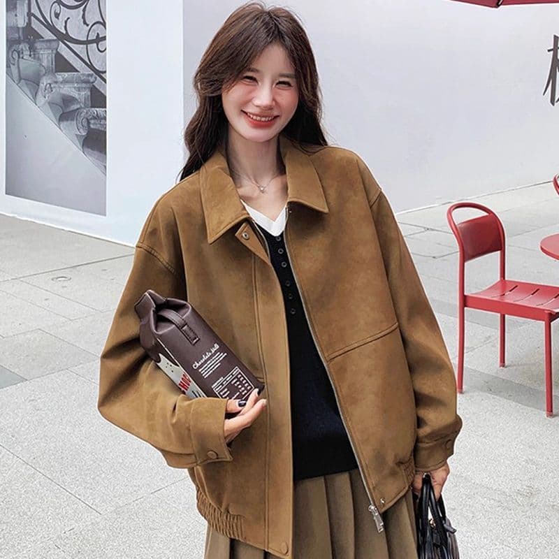 새로운 레트로 스웨이드 원단 여성 코트 가을 겨울철 루즈핏 폴로 칼라 캐주얼 오토바이 재킷 맨위 이미지 2