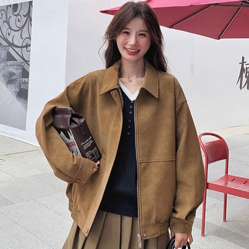 새로운 레트로 스웨이드 원단 여성 코트 가을 겨울철 루즈핏 폴로 칼라 캐주얼 오토바이 재킷 맨위 이미지 3