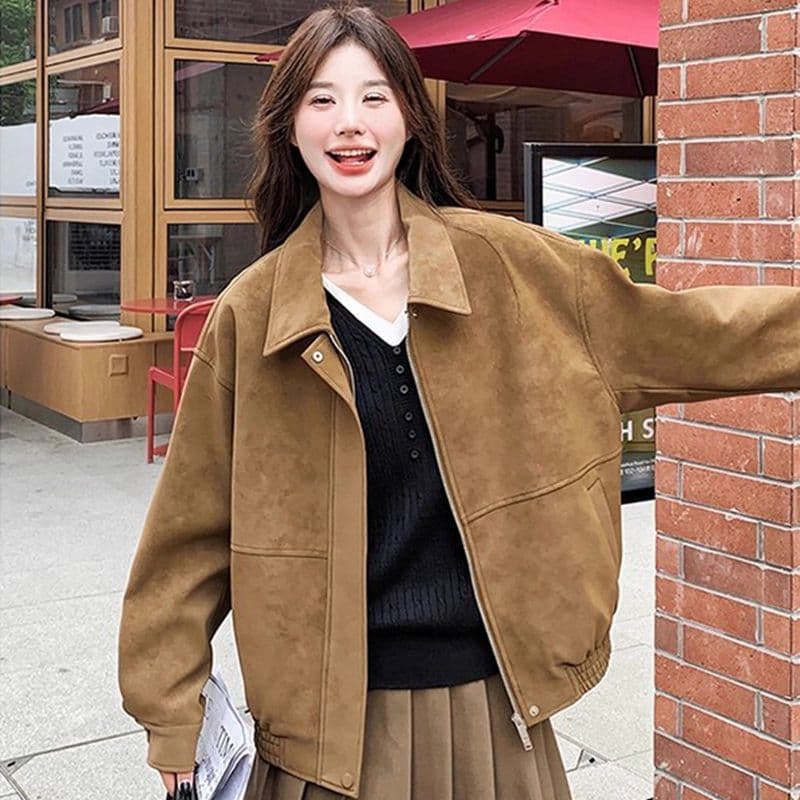새로운 레트로 스웨이드 원단 여성 코트 가을 겨울철 루즈핏 폴로 칼라 캐주얼 오토바이 재킷 맨위 이미지 4