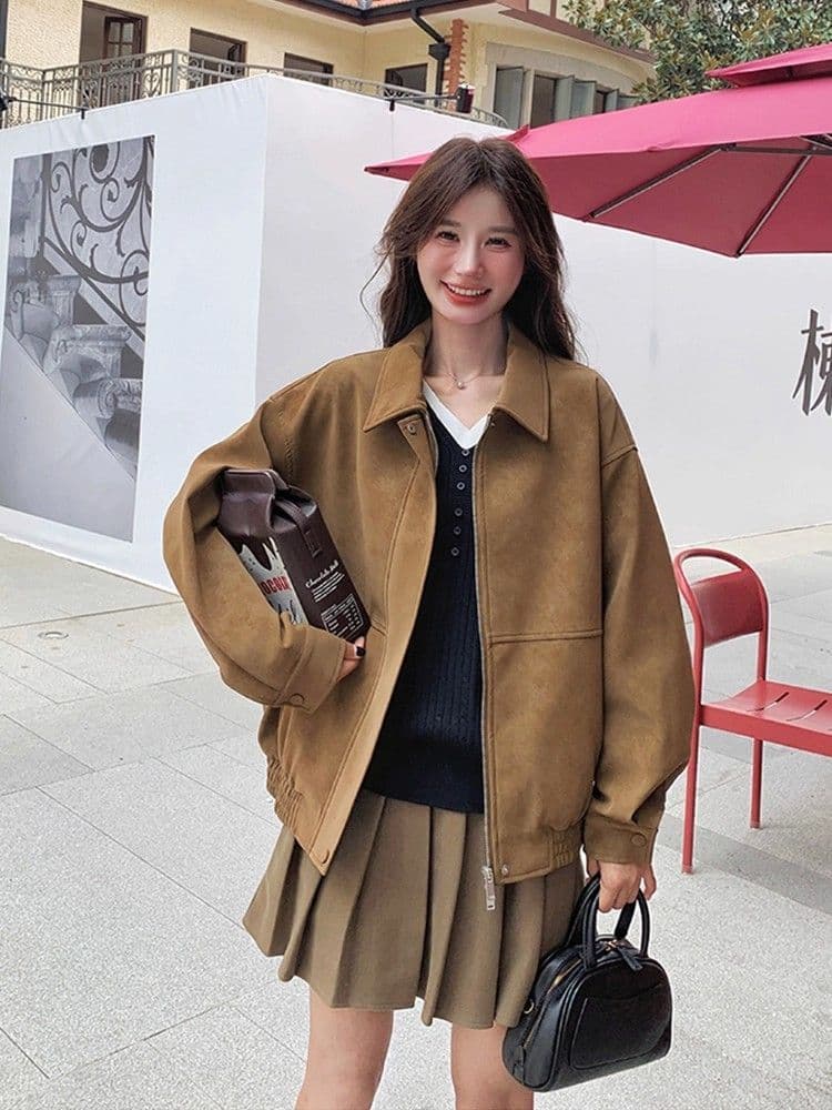 새로운 레트로 스웨이드 원단 여성 코트 가을 겨울철 루즈핏 폴로 칼라 캐주얼 오토바이 재킷 맨위 상세 이미지 1