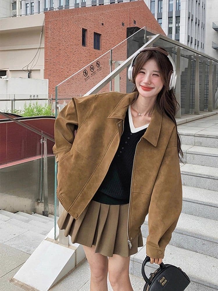 새로운 레트로 스웨이드 원단 여성 코트 가을 겨울철 루즈핏 폴로 칼라 캐주얼 오토바이 재킷 맨위 상세 이미지 2