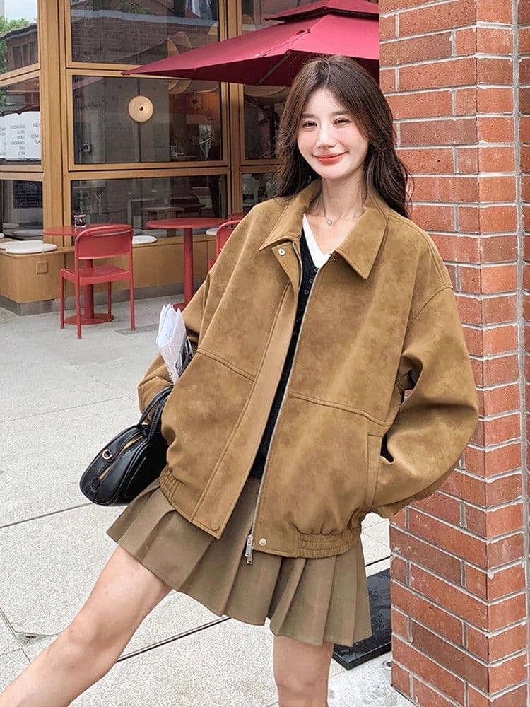 새로운 레트로 스웨이드 원단 여성 코트 가을 겨울철 루즈핏 폴로 칼라 캐주얼 오토바이 재킷 맨위 상세 이미지 4