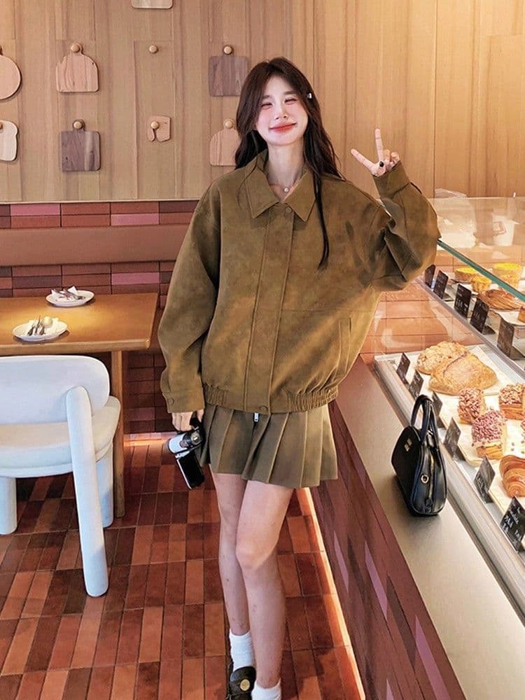 새로운 레트로 스웨이드 원단 여성 코트 가을 겨울철 루즈핏 폴로 칼라 캐주얼 오토바이 재킷 맨위 상세 이미지 5