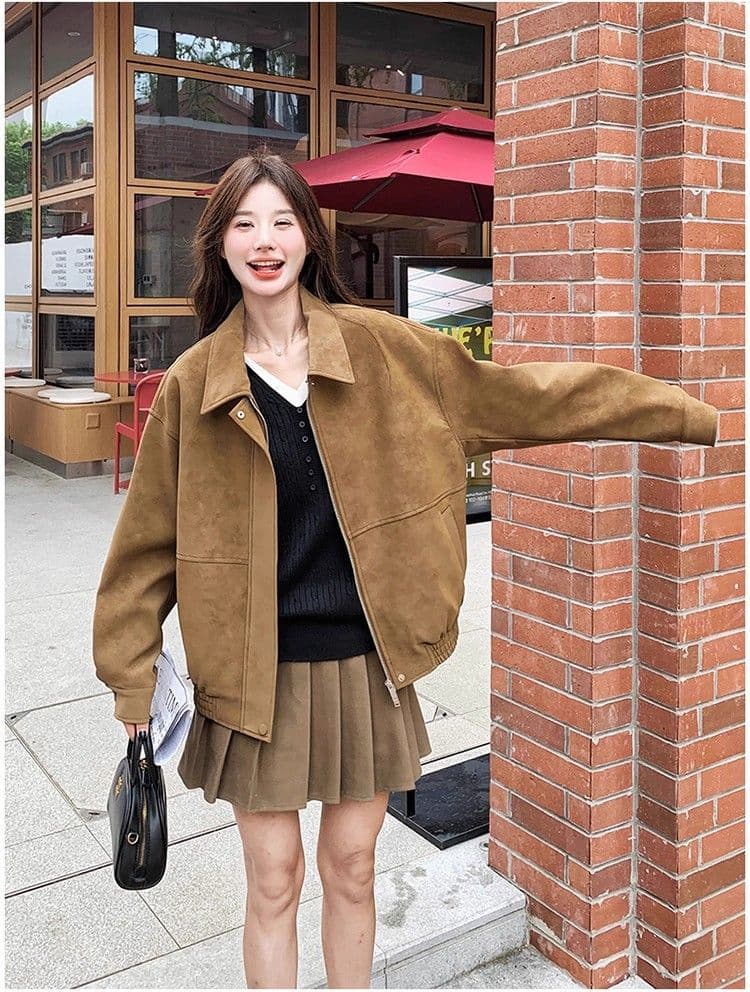 새로운 레트로 스웨이드 원단 여성 코트 가을 겨울철 루즈핏 폴로 칼라 캐주얼 오토바이 재킷 맨위 상세 이미지 6