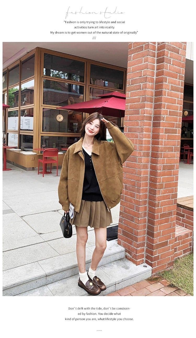 새로운 레트로 스웨이드 원단 여성 코트 가을 겨울철 루즈핏 폴로 칼라 캐주얼 오토바이 재킷 맨위 상세 이미지 7