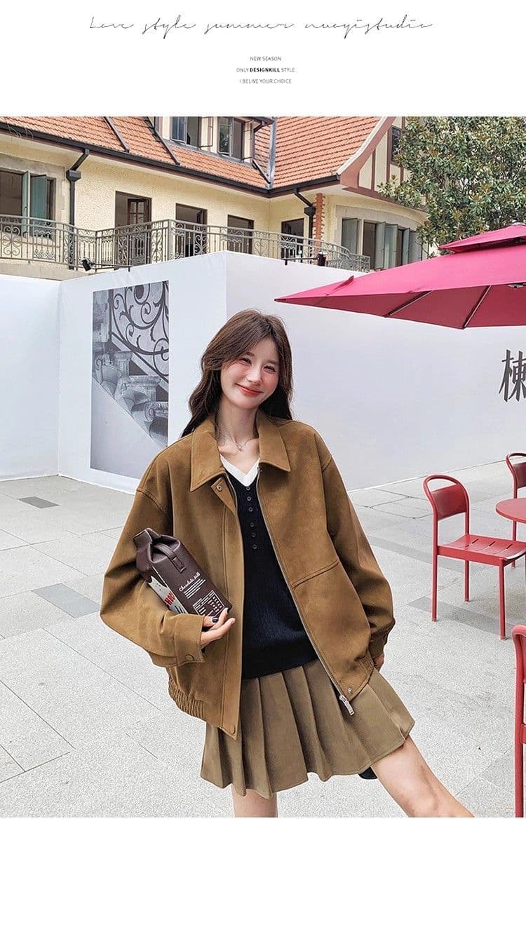 새로운 레트로 스웨이드 원단 여성 코트 가을 겨울철 루즈핏 폴로 칼라 캐주얼 오토바이 재킷 맨위 상세 이미지 8
