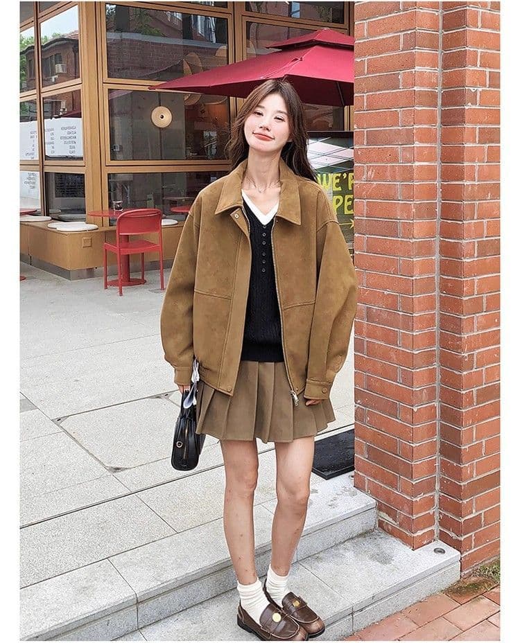 새로운 레트로 스웨이드 원단 여성 코트 가을 겨울철 루즈핏 폴로 칼라 캐주얼 오토바이 재킷 맨위 상세 이미지 9