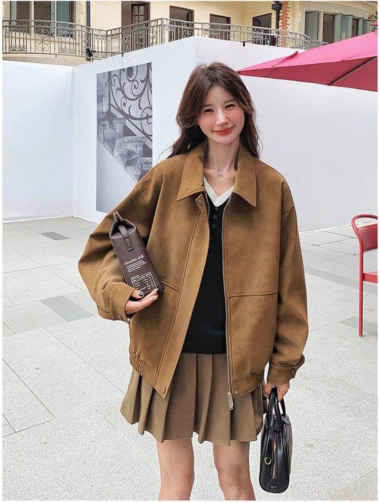 새로운 레트로 스웨이드 원단 여성 코트 가을 겨울철 루즈핏 폴로 칼라 캐주얼 오토바이 재킷 맨위 상세 이미지 10