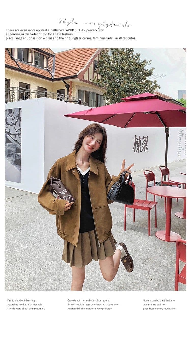 새로운 레트로 스웨이드 원단 여성 코트 가을 겨울철 루즈핏 폴로 칼라 캐주얼 오토바이 재킷 맨위 상세 이미지 11