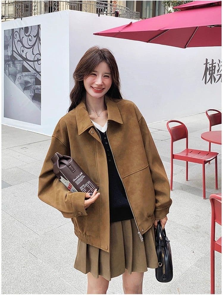 새로운 레트로 스웨이드 원단 여성 코트 가을 겨울철 루즈핏 폴로 칼라 캐주얼 오토바이 재킷 맨위 상세 이미지 12