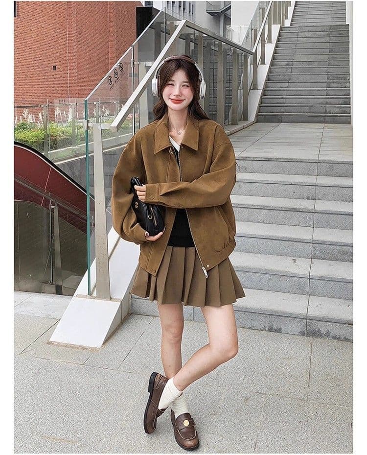 새로운 레트로 스웨이드 원단 여성 코트 가을 겨울철 루즈핏 폴로 칼라 캐주얼 오토바이 재킷 맨위 상세 이미지 13