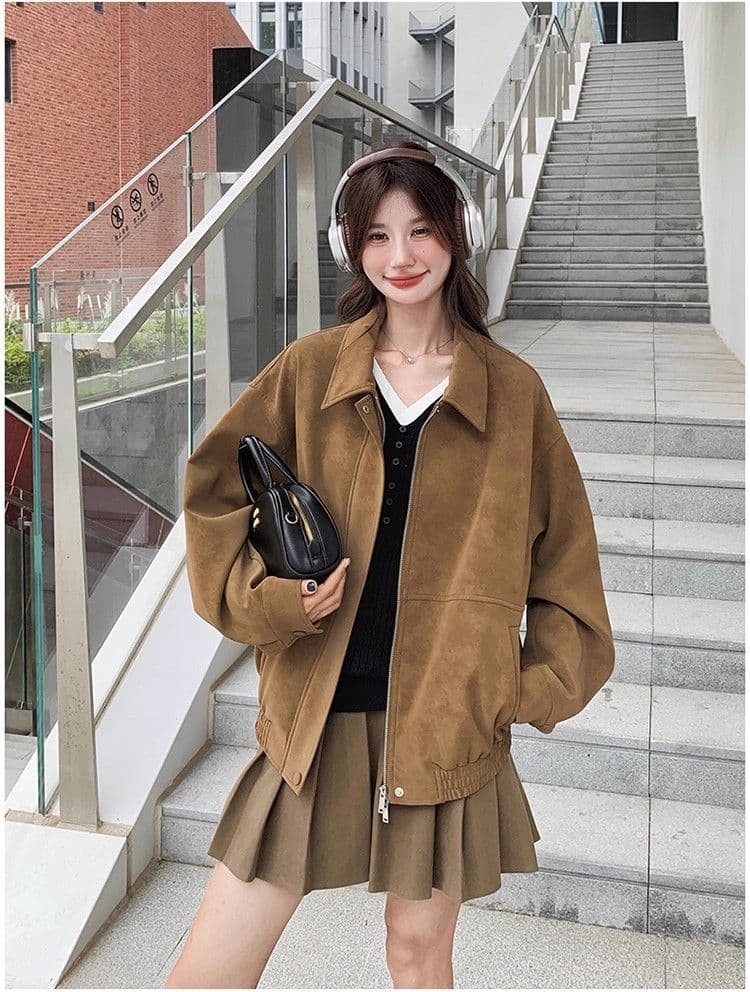 새로운 레트로 스웨이드 원단 여성 코트 가을 겨울철 루즈핏 폴로 칼라 캐주얼 오토바이 재킷 맨위 상세 이미지 14