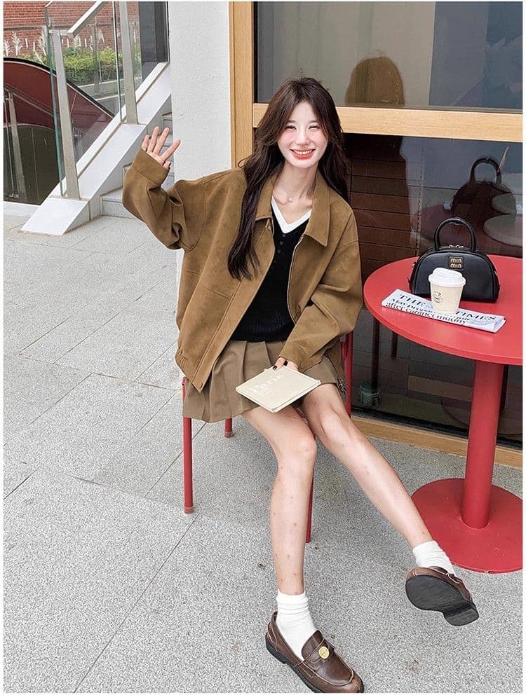 새로운 레트로 스웨이드 원단 여성 코트 가을 겨울철 루즈핏 폴로 칼라 캐주얼 오토바이 재킷 맨위 상세 이미지 16