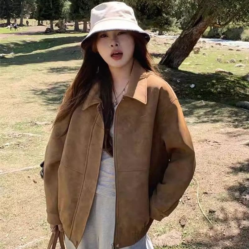 2026 한국 레트로 스웨이드 재킷 여성 가을 아메리칸 루즈핏 폴로 칼라 캐주얼 다용도 재킷 맨위 고급 겉옷