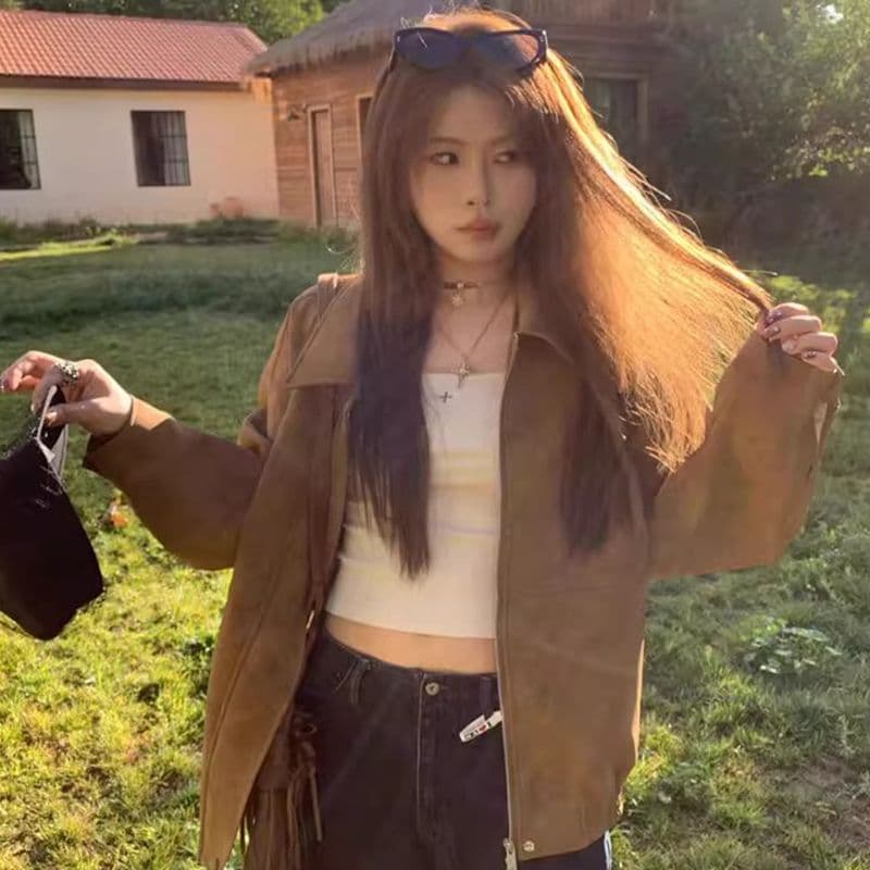 2026 한국 레트로 스웨이드 재킷 여성 가을 아메리칸 루즈핏 폴로 칼라 캐주얼 다용도 재킷 맨위 고급 겉옷 이미지 2