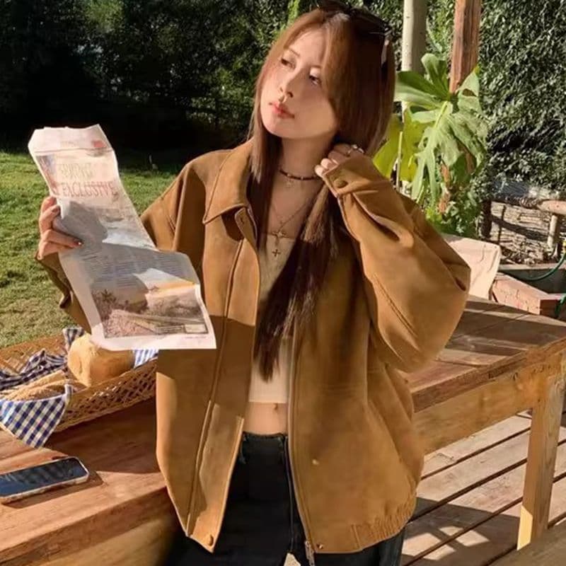 2026 한국 레트로 스웨이드 재킷 여성 가을 아메리칸 루즈핏 폴로 칼라 캐주얼 다용도 재킷 맨위 고급 겉옷 이미지 5