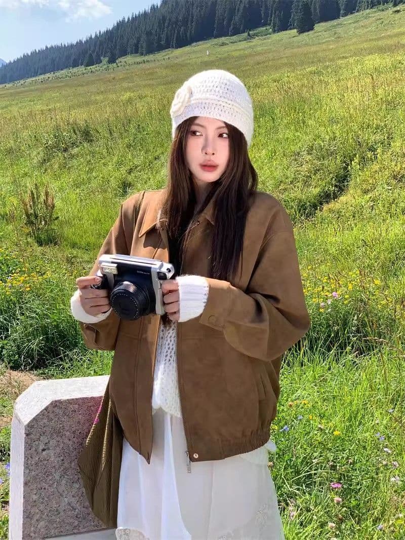 2026 한국 레트로 스웨이드 재킷 여성 가을 아메리칸 루즈핏 폴로 칼라 캐주얼 다용도 재킷 맨위 고급 겉옷 상세 이미지 1