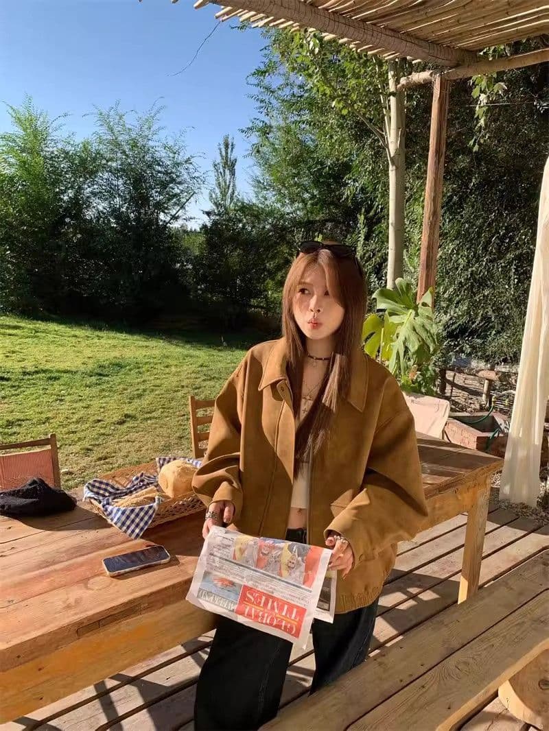 2026 한국 레트로 스웨이드 재킷 여성 가을 아메리칸 루즈핏 폴로 칼라 캐주얼 다용도 재킷 맨위 고급 겉옷 상세 이미지 6