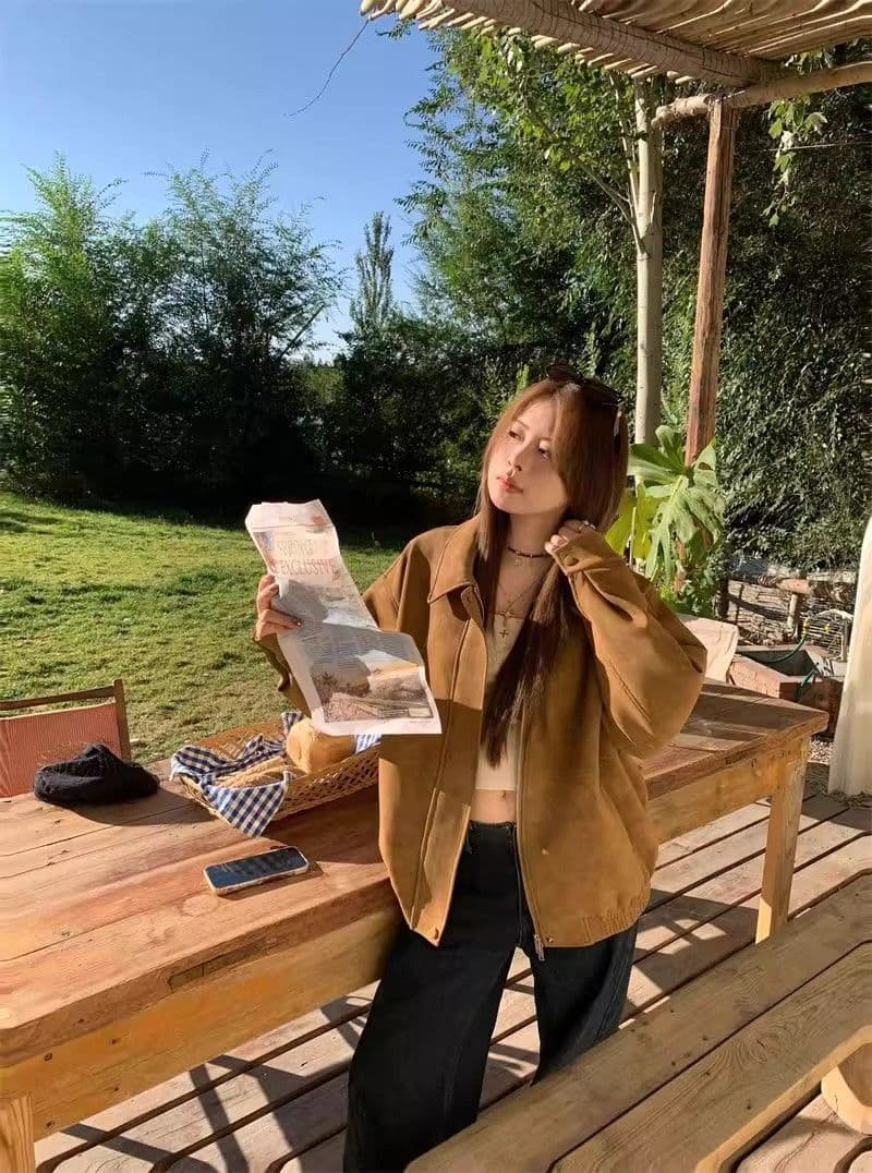 2026 한국 레트로 스웨이드 재킷 여성 가을 아메리칸 루즈핏 폴로 칼라 캐주얼 다용도 재킷 맨위 고급 겉옷 상세 이미지 7