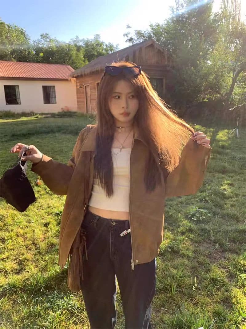 2026 한국 레트로 스웨이드 재킷 여성 가을 아메리칸 루즈핏 폴로 칼라 캐주얼 다용도 재킷 맨위 고급 겉옷 상세 이미지 10