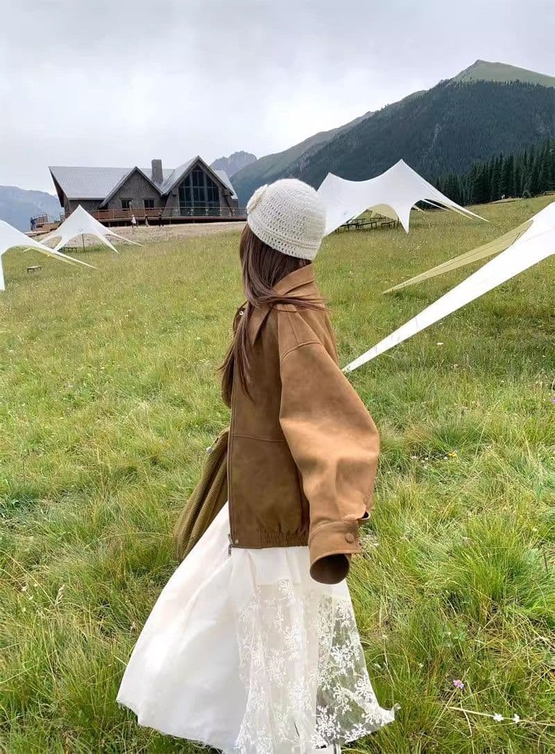 2026 한국 레트로 스웨이드 재킷 여성 가을 아메리칸 루즈핏 폴로 칼라 캐주얼 다용도 재킷 맨위 고급 겉옷 상세 이미지 13