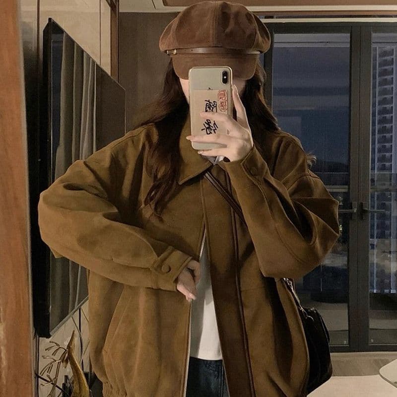 아메리칸 스웨이드 원단 폴로 칼라 여성 코트 가을 겨울 루즈핏 패션 두꺼운 브라운 캐주얼 재킷 맨위 이미지 3