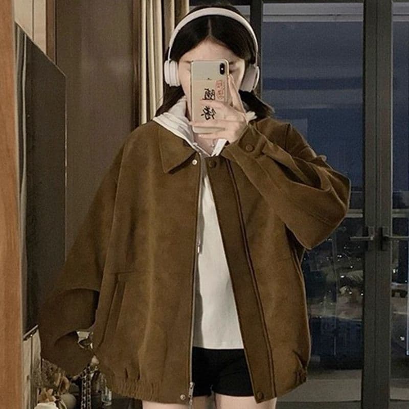 아메리칸 스웨이드 원단 폴로 칼라 여성 코트 가을 겨울 루즈핏 패션 두꺼운 브라운 캐주얼 재킷 맨위 이미지 5