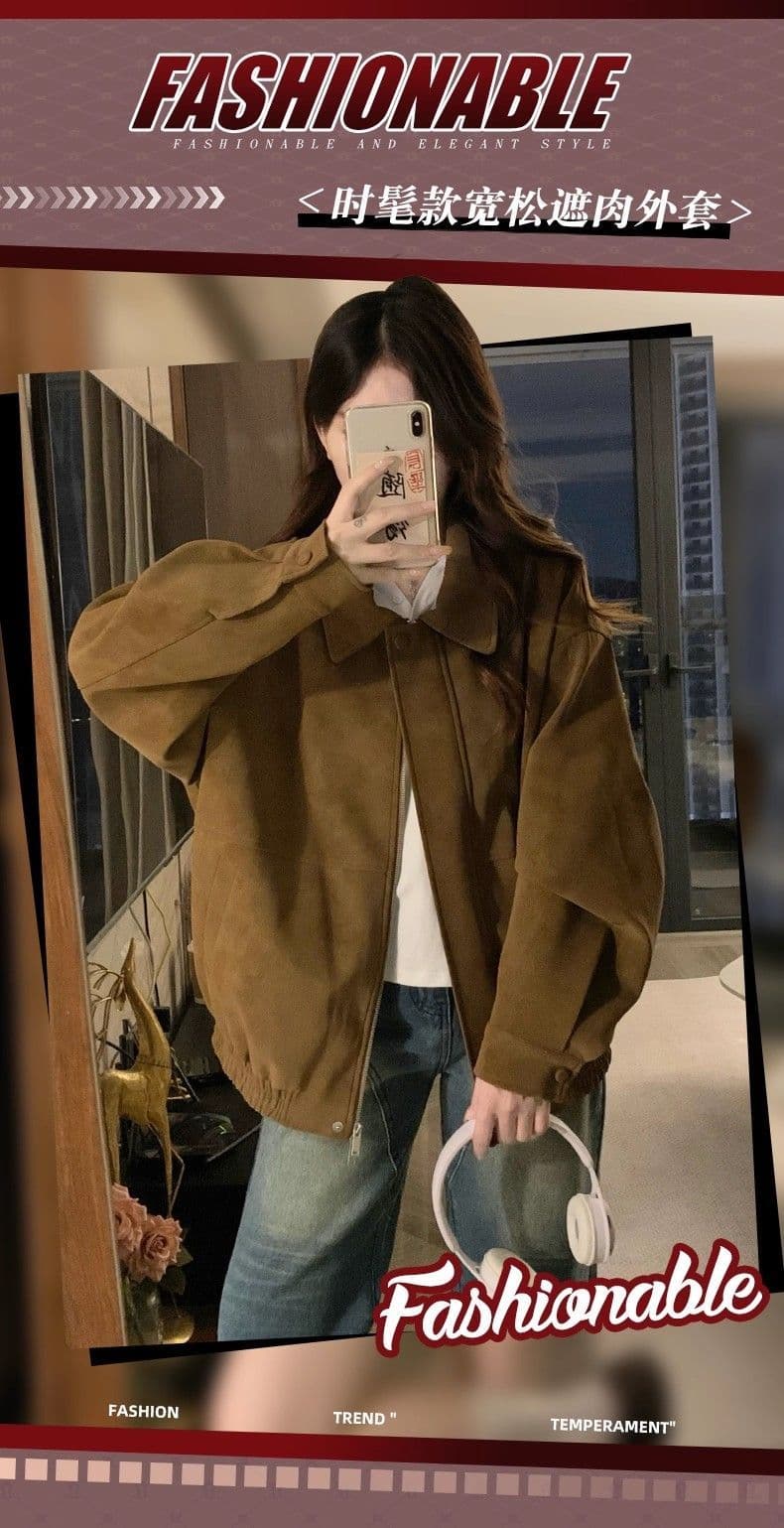 아메리칸 스웨이드 원단 폴로 칼라 여성 코트 가을 겨울 루즈핏 패션 두꺼운 브라운 캐주얼 재킷 맨위 상세 이미지 1