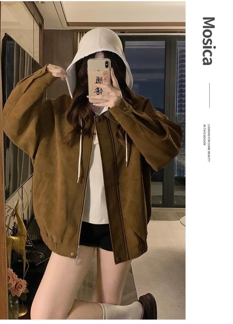 아메리칸 스웨이드 원단 폴로 칼라 여성 코트 가을 겨울 루즈핏 패션 두꺼운 브라운 캐주얼 재킷 맨위 상세 이미지 7