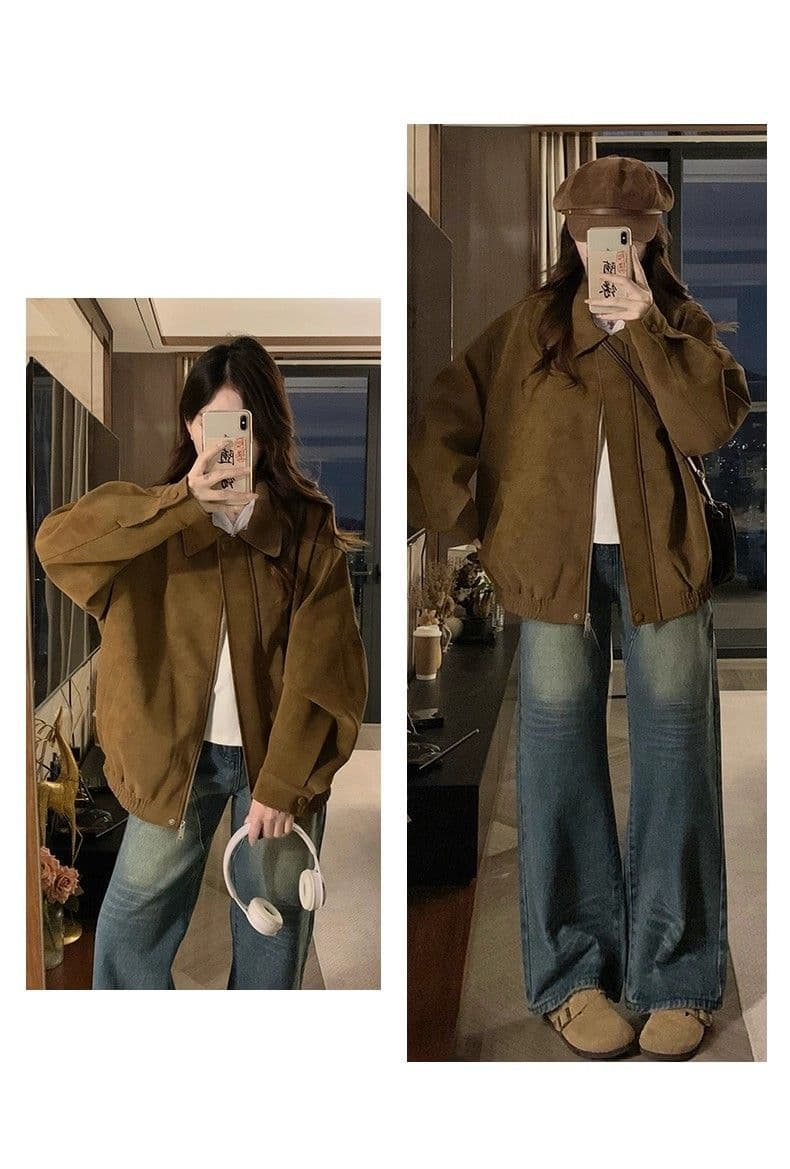 아메리칸 스웨이드 원단 폴로 칼라 여성 코트 가을 겨울 루즈핏 패션 두꺼운 브라운 캐주얼 재킷 맨위 상세 이미지 8