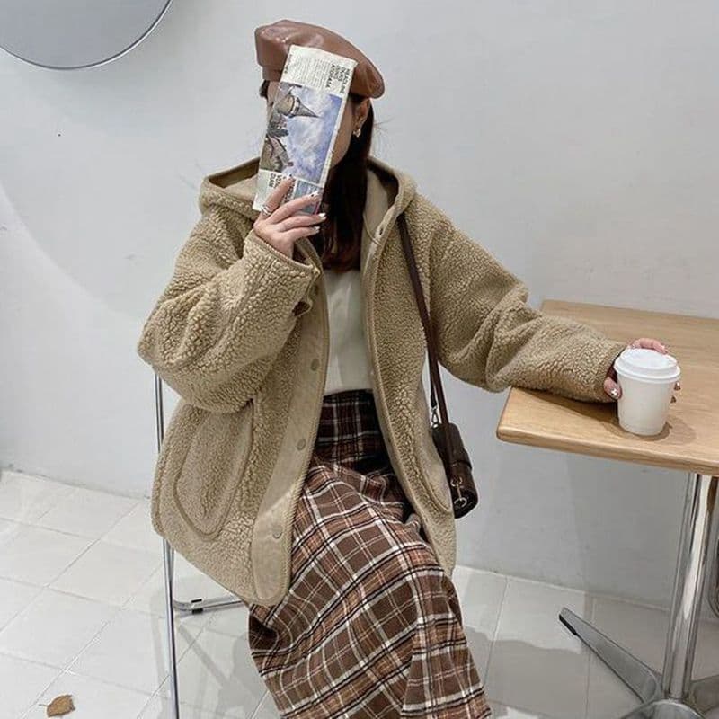 겨울 새로운 후드 양털 플리스 재킷 한국 스타일 루즈핏 슬림해 보이는 다용도 외국 가스 오픈 가디건 보온 면 의류 패션 트렌디