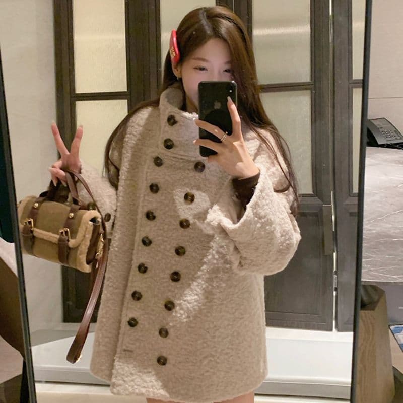 오트밀 색상 이중 버튼 단색 부드러운 찹쌀 양털 스탠드 칼라 재킷 겨울 루즈핏 보온 중간 길이 오픈 가디건 맨위