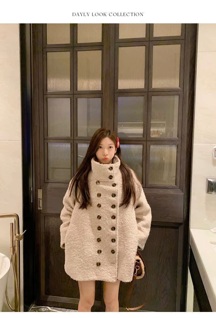오트밀 색상 이중 버튼 단색 부드러운 찹쌀 양털 스탠드 칼라 재킷 겨울 루즈핏 보온 중간 길이 오픈 가디건 맨위 상세 이미지 5