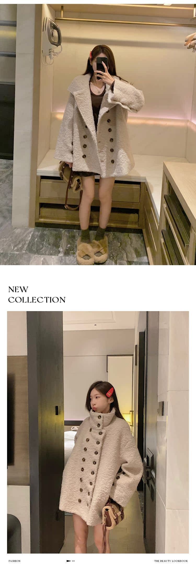 오트밀 색상 이중 버튼 단색 부드러운 찹쌀 양털 스탠드 칼라 재킷 겨울 루즈핏 보온 중간 길이 오픈 가디건 맨위 상세 이미지 6