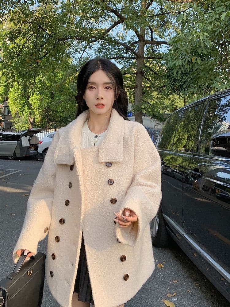 이중 버튼 터틀넥 털이 많은 모직 여성 코트 가을 겨울 의류 고급 센스 폭발 중간 길이 고유 한 모직 코트 상세 이미지 15
