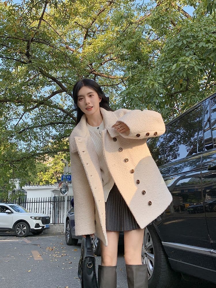 이중 버튼 터틀넥 털이 많은 모직 여성 코트 가을 겨울 의류 고급 센스 폭발 중간 길이 고유 한 모직 코트 상세 이미지 17