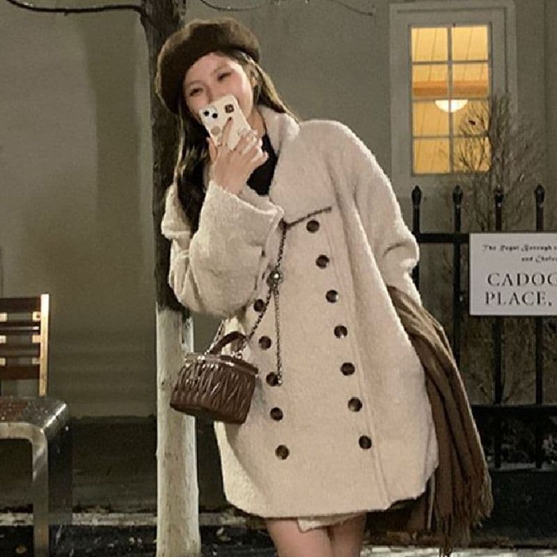 가을 겨울 새로운 부드러운 바람 이중 버튼 루즈핏 보온 맨위 양털 스탠드 칼라 고유 한 중간 길이 카디건 코트