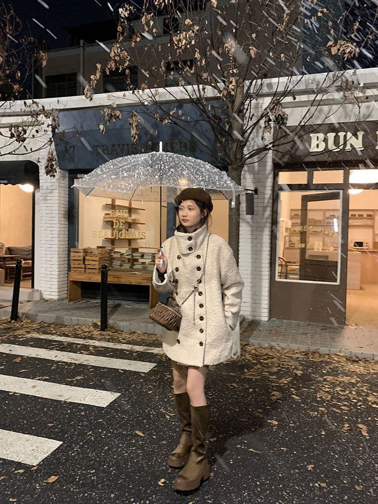 가을 겨울 새로운 부드러운 바람 이중 버튼 루즈핏 보온 맨위 양털 스탠드 칼라 고유 한 중간 길이 카디건 코트 상세 이미지 4