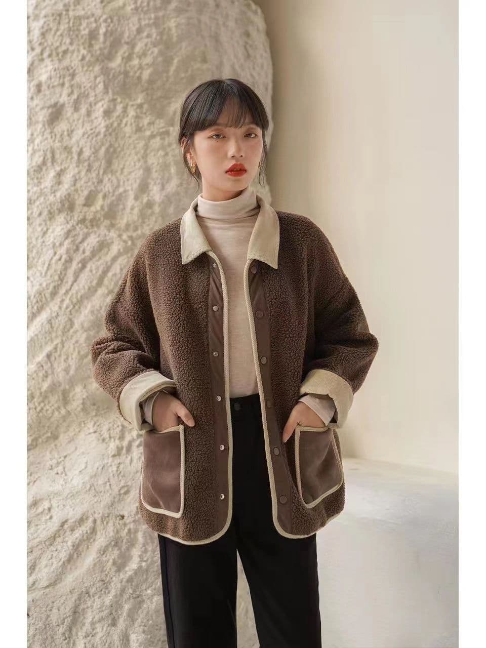 작은 샤넬 스타일 양털 여성 코트 가을 겨울 쇼트 스타일 작은 키 한 부서 연령 감소 루즈핏 캐주얼 배색 폴로 칼라 재킷 상세 이미지 20