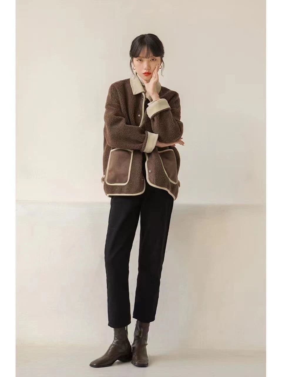 작은 샤넬 스타일 양털 여성 코트 가을 겨울 쇼트 스타일 작은 키 한 부서 연령 감소 루즈핏 캐주얼 배색 폴로 칼라 재킷 상세 이미지 21